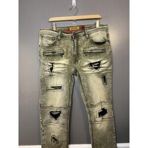 Makobi Jeans Mens 36x32 Olive Green Distressed Moto Zipper Pockets Style M1794